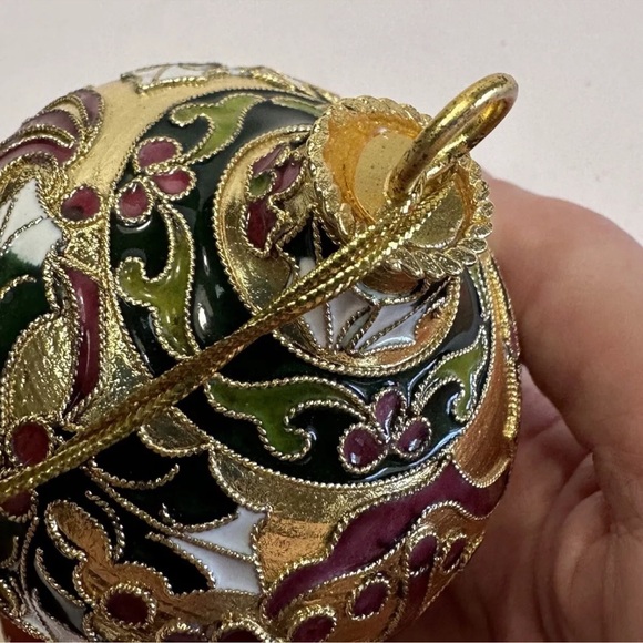 Precious Cloisonne Enamel Ornament Gold Plate Holly Berry On Copper Artisan Made - Picture 10 of 14